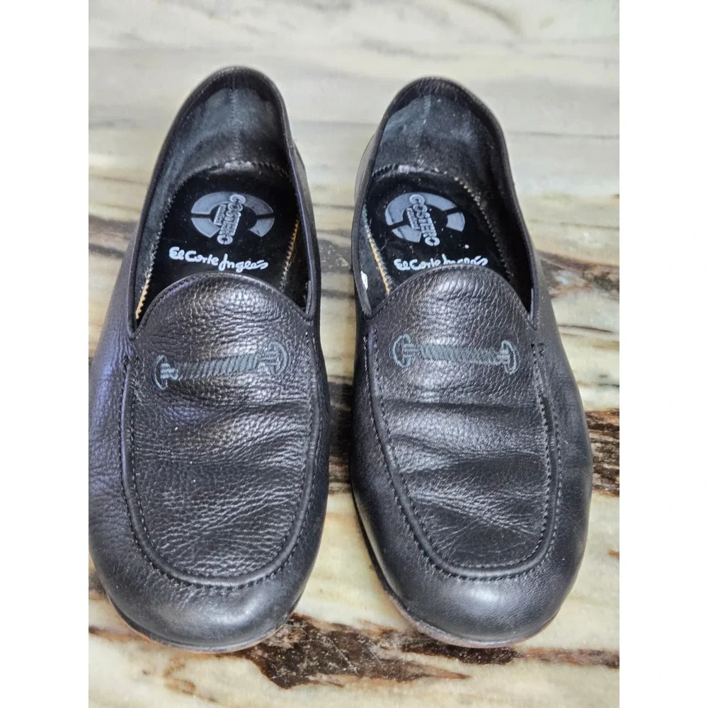 El Corte Ingles Costero Black Pebbled Leather Loafers Embroidered Bit Slip On 45